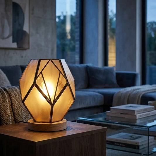 FacetaLux geometric amber glass table lamp with oak base 2