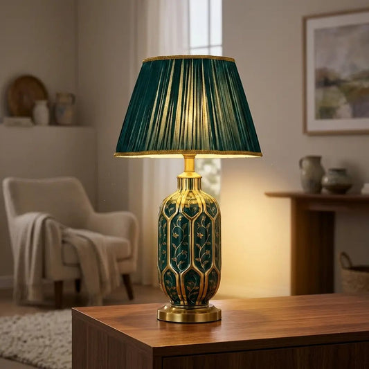 VernaGilt green ceramic table lamp with gold line detail 2