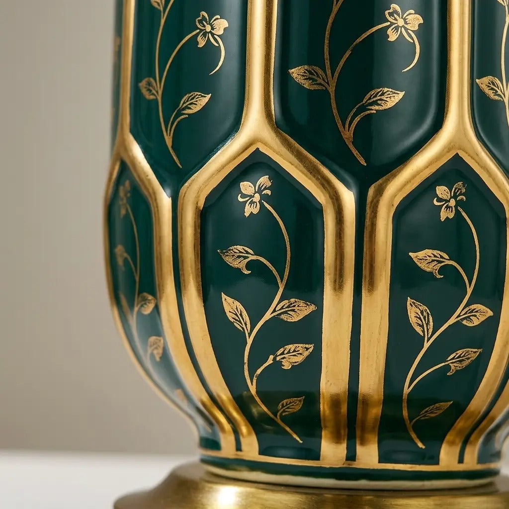 VernaGilt green ceramic table lamp with gold line detail 5