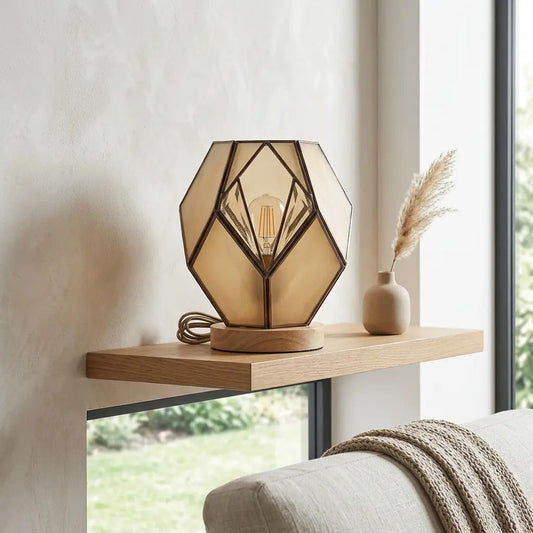 FacetaLux geometric amber glass table lamp with oak base 1