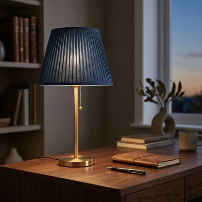 CobaltForm blue pleated fabric table lamp with aged brass stem 4