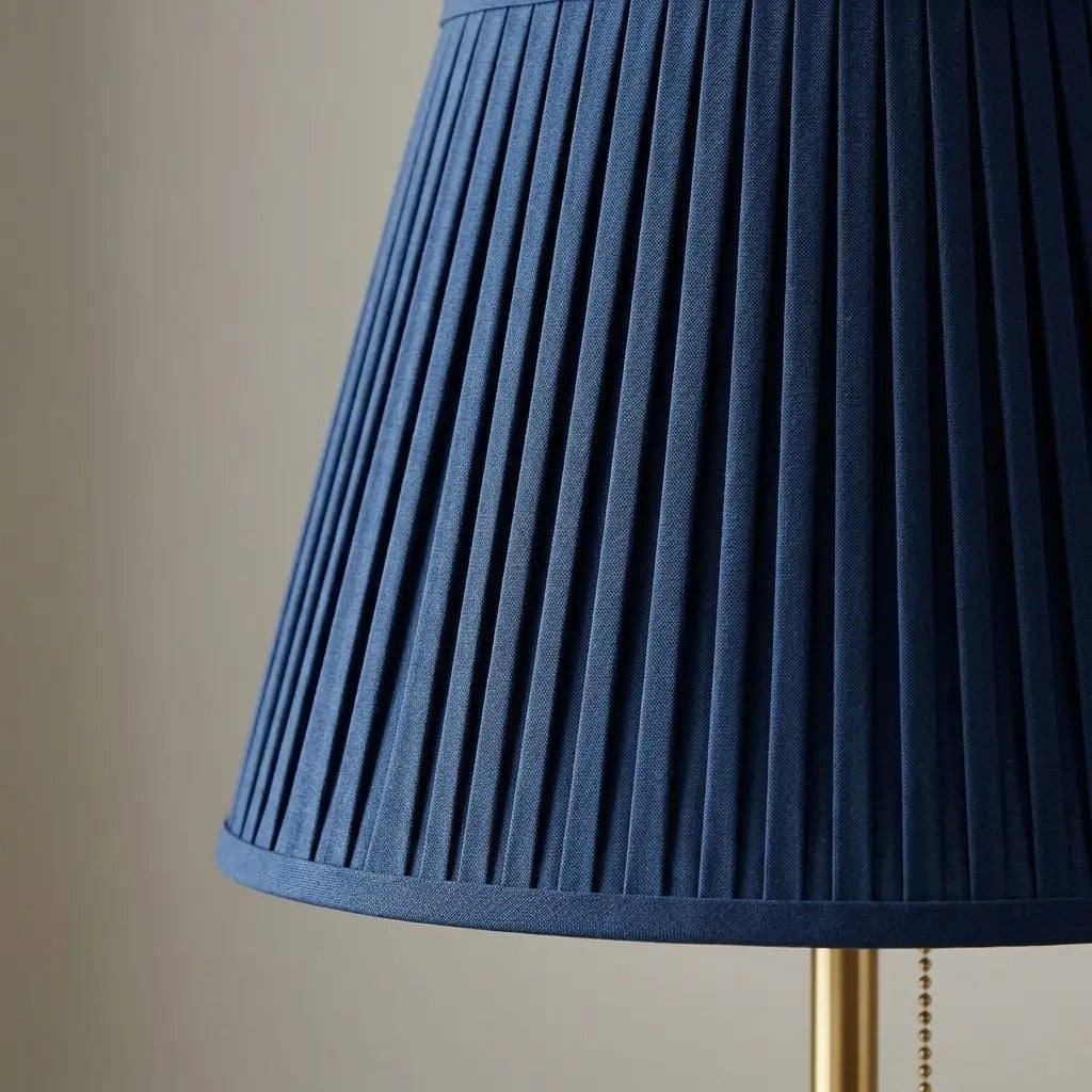 CobaltForm blue pleated fabric table lamp with aged brass stem 3