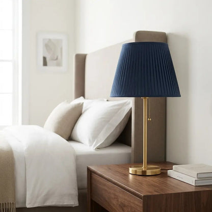CobaltForm blue pleated fabric table lamp with aged brass stem 5