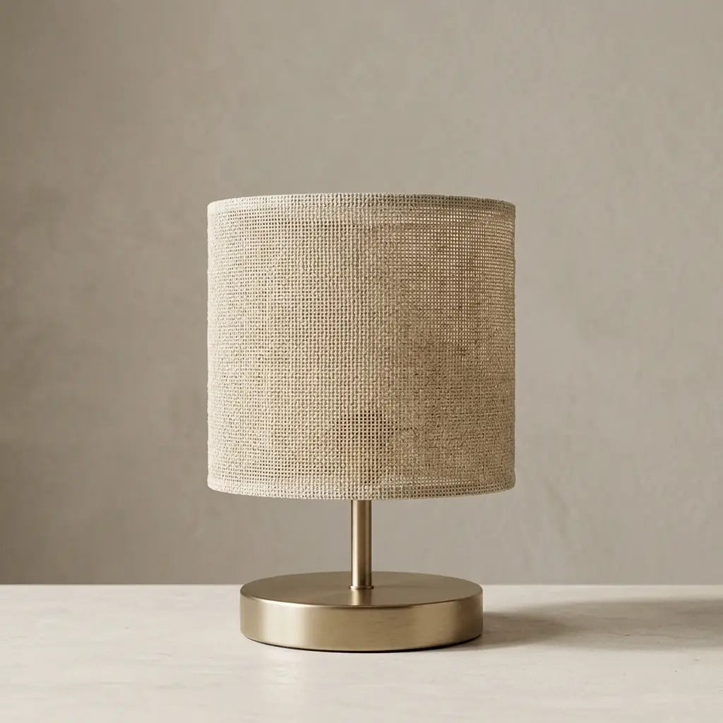 WovenRay textured linen cylinder table lamp with brass base 1