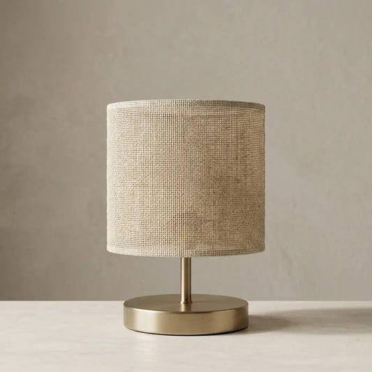 WovenRay textured linen cylinder table lamp with brass base 1