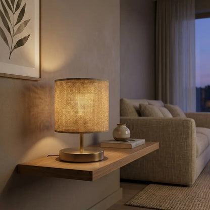 WovenRay textured linen cylinder table lamp with brass base 3