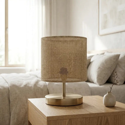 WovenRay textured linen cylinder table lamp with brass base 2