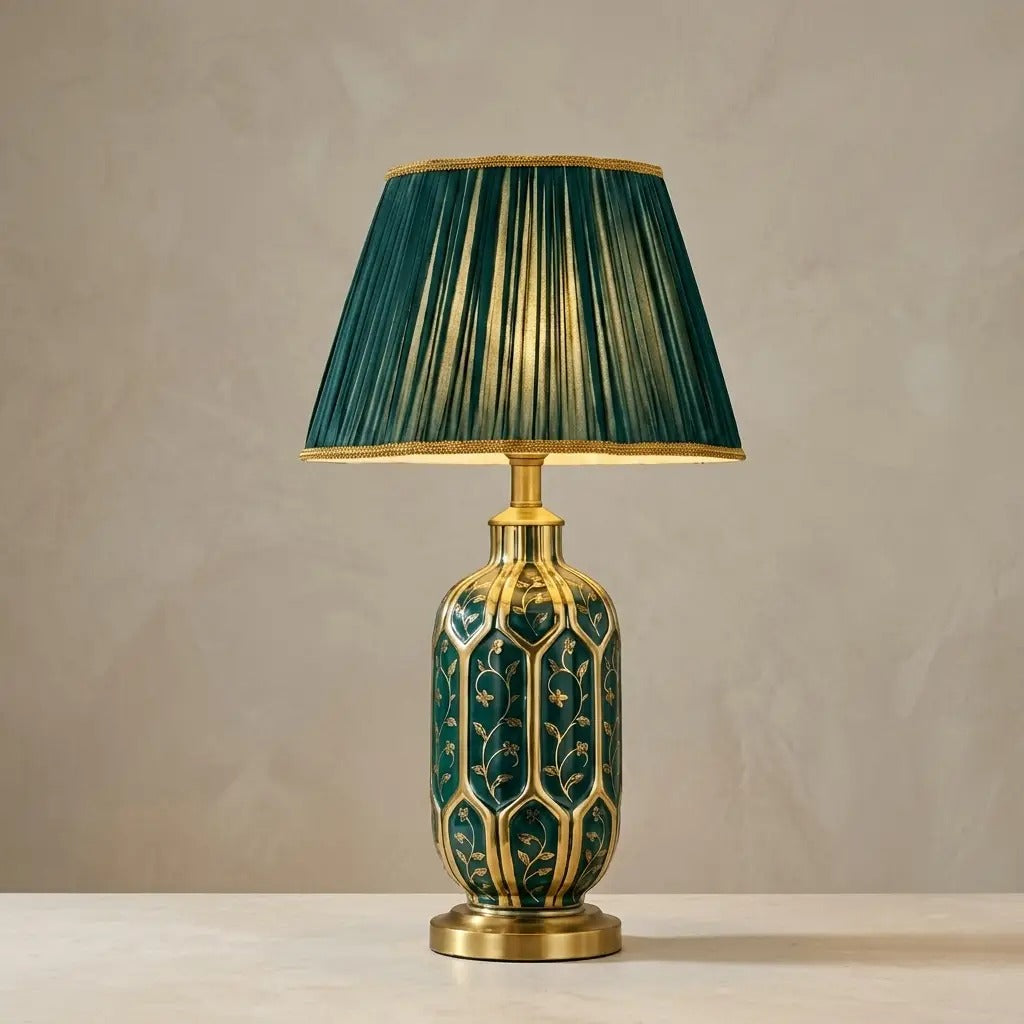 VernaGilt green ceramic table lamp with gold line detail 1