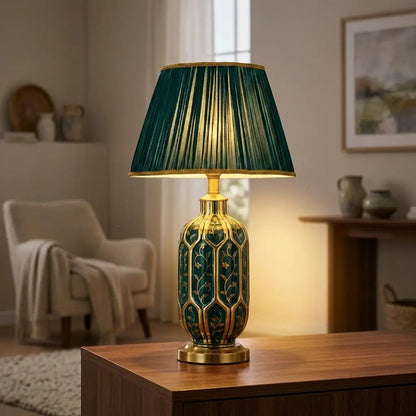 VernaGilt green ceramic table lamp with gold line detail 2
