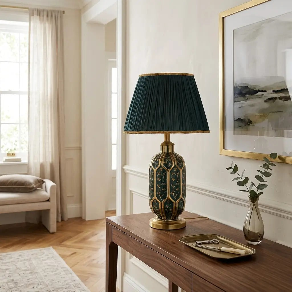 VernaGilt green ceramic table lamp with gold line detail 3