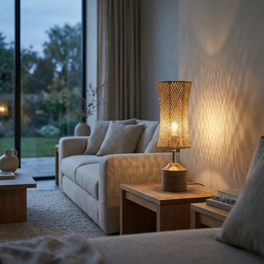 ReedLight woven natural fibre table lamp with wood tone base 2