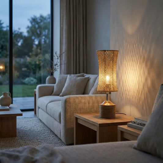 ReedLight woven natural fibre table lamp with wood tone base 2